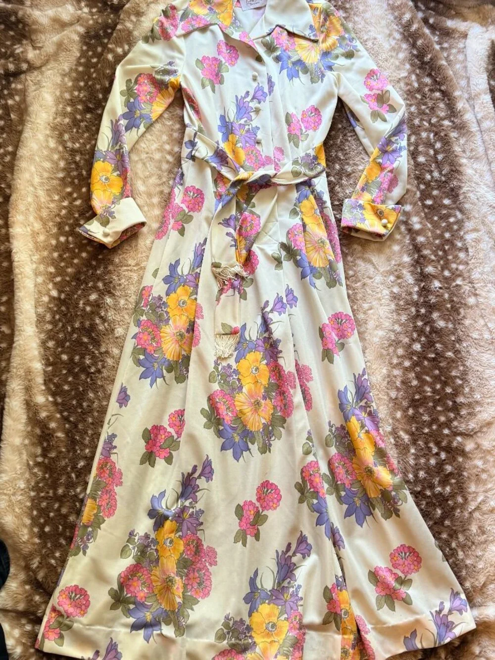 M Leslie Fay Vintage 70s Floral Prairie Maxi Dress Fringe Tie